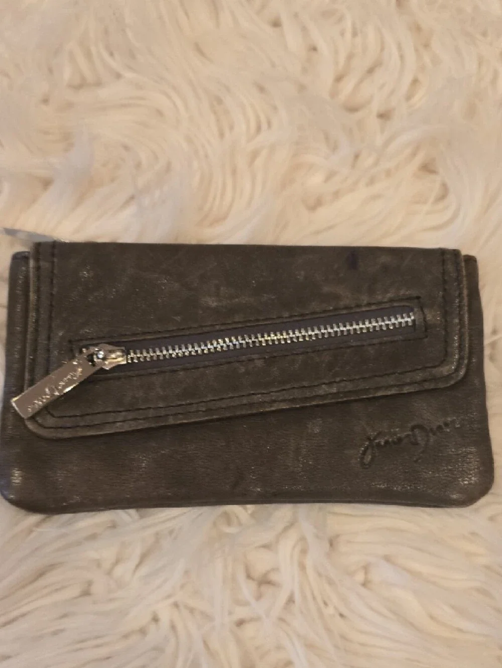 Genuine Gray Leather Zip Wallet with Front Pocket